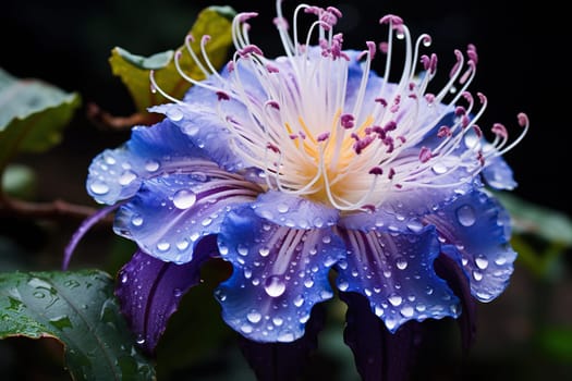 Beautiful exotic purple flower in water drops close-up.
