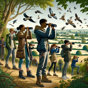 A group of happy people are using binoculars to admire birds in a field, surrounded by beautiful plants and trees. The scene is like a painting in the sky