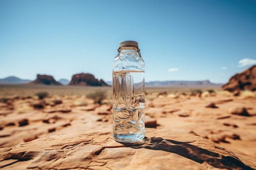 Glass bottle of water in the middle of the desert. Climate change concept.