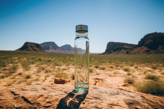 Glass bottle with water in the desert on a stone.