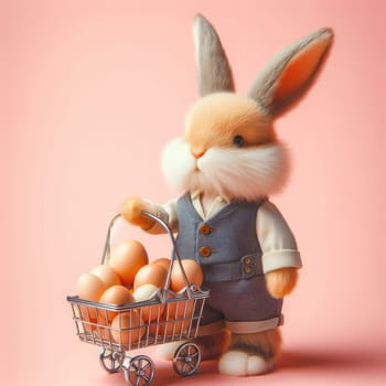 White Easter bunny rabbit with shopping basket and painted eggs on blue and pink background.