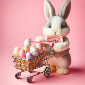 White Easter bunny rabbit with shopping basket and painted eggs on blue and pink background.