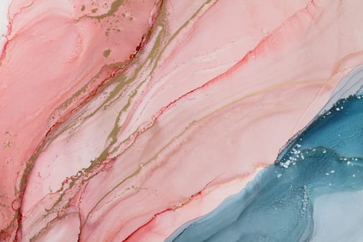 Beautiful background with smudges and stains alcohol ink. Abstract blue, red art with gold. Fragment of art with fluid texture resembles watercolor or aquarelle painting.