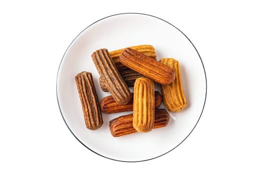Churros with curry, olives and tomato paste on white background