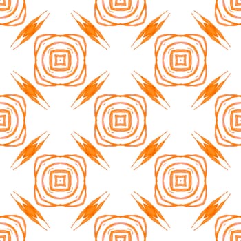 Textile ready wondrous print, swimwear fabric, wallpaper, wrapping. Orange alive boho chic summer design. Ikat repeating swimwear design. Watercolor ikat repeating tile border.