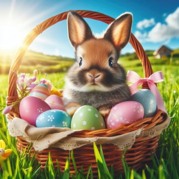 Easter bunny on a beautiful spring meadow with dandelions in front of a basket with Easter eggs children in the background coming on an Egg hunt..