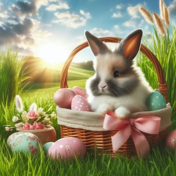 Easter bunny on a beautiful spring meadow with dandelions in front of a basket with Easter eggs children in the background coming on an Egg hunt..