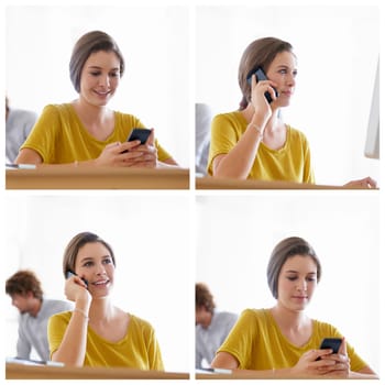 Happy woman, collage and phone for communication, networking or social media at office. Young female person or sequence of creative employee talking and typing on mobile smartphone for online startup.