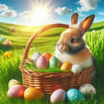 Easter bunny on a beautiful spring meadow with dandelions in front of a basket with Easter eggs children in the background coming on an Egg hunt..