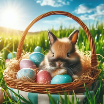 Easter bunny on a beautiful spring meadow with dandelions in front of a basket with Easter eggs children in the background coming on an Egg hunt..