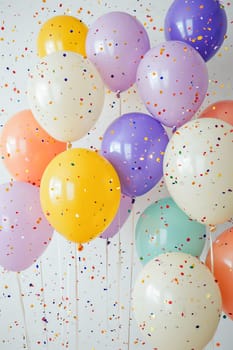 Festive background with colorful balloons in pastel colors and flying confetti on a white background. Vertical orientation. AI geneated.