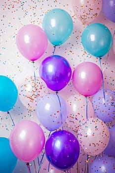 Festive background with colorful balloons in pastel colors and flying confetti on a white background. Vertical orientation. AI geneated.