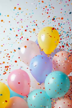 Festive background with colorful balloons in pastel colors and flying confetti on a white background. Vertical orientation. AI geneated.