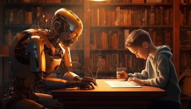 In this captivating image, a young boy sits attentively at a table in a library, accompanied by an advanced humanoid robot. The robot, acting as a tutor and study partner, helps the boy with his homework. The scene represents a futuristic blend of human intelligence and artificial intelligence working together in harmony.