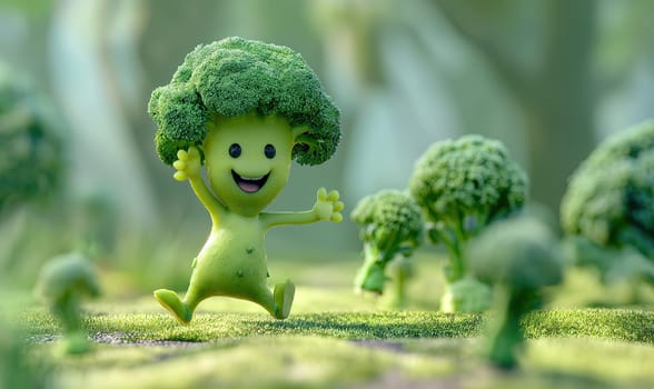 Cartoon running broccoli on a natural background. Selective soft focus.