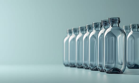 Empty transparent bottles without caps on a blue background. Selective soft focus.