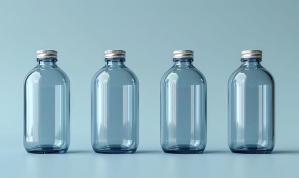 Empty transparent bottles with caps on a blue background. Selective soft focus.