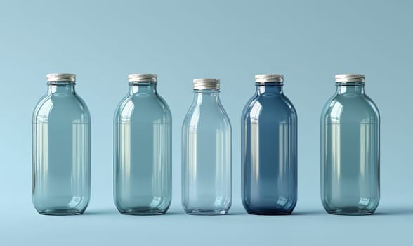 Empty transparent bottles with caps on a blue background. Selective soft focus.