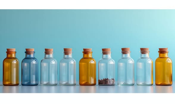 Empty transparent bottles with caps on a blue background. Selective soft focus.