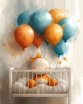 Greeting card, baby crib and congratulation balloons. Selective soft focus.