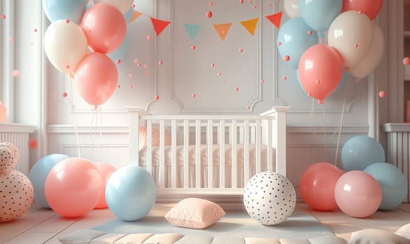 Greeting card, baby crib and congratulation balloons. Selective soft focus.