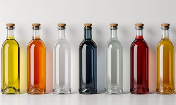 Empty transparent bottles with caps on a light background. Selective soft focus.