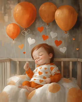 Greeting card, baby crib and congratulation balloons. Selective soft focus.