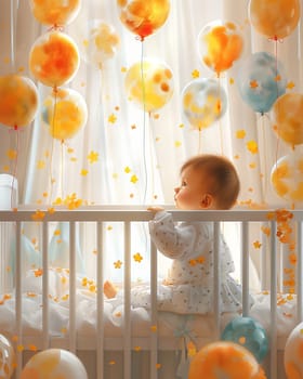 Greeting card, baby crib and congratulation balloons. Selective soft focus.