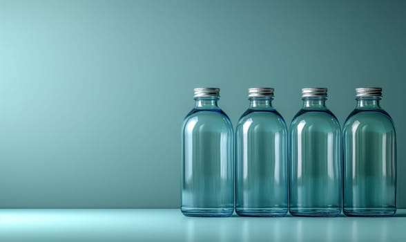 Empty transparent bottles with caps on a blue background. Selective soft focus.