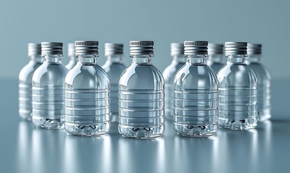 Empty transparent bottles with caps on a blue background. Selective soft focus.