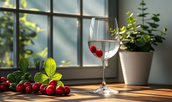 Transparent glass with a transparent drink on the table. Selective soft focus.