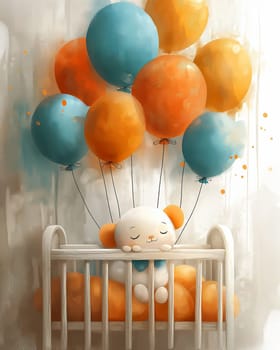 Greeting card, baby crib and congratulation balloons. Selective soft focus.