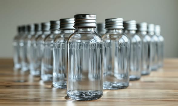 Empty transparent bottles with caps on a light background. Selective soft focus.