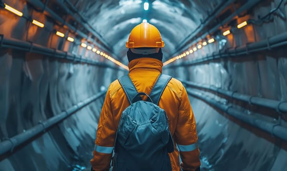 A worker walks in a round tunnel through water. Selective soft focus.