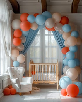 Greeting card, baby crib and congratulation balloons. Selective soft focus.