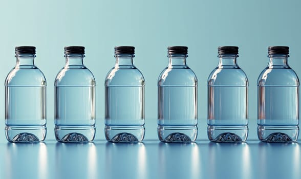 Empty transparent bottles with caps on a blue background. Selective soft focus.