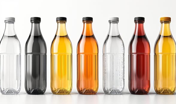 Empty transparent bottles with caps on a light background. Selective soft focus.