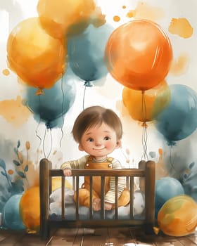 Greeting card, baby crib and congratulation balloons. Selective soft focus.