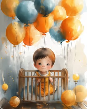 Greeting card, baby crib and congratulation balloons. Selective soft focus.