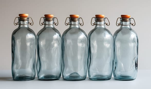 Empty transparent bottles with caps on a light background. Selective soft focus.