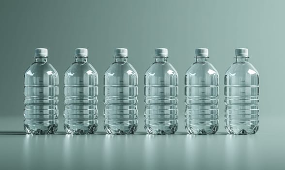 Empty transparent bottles with caps on a blue background. Selective soft focus.