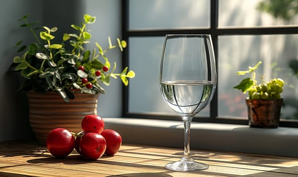 Transparent glass with a transparent drink on the table. Selective soft focus.