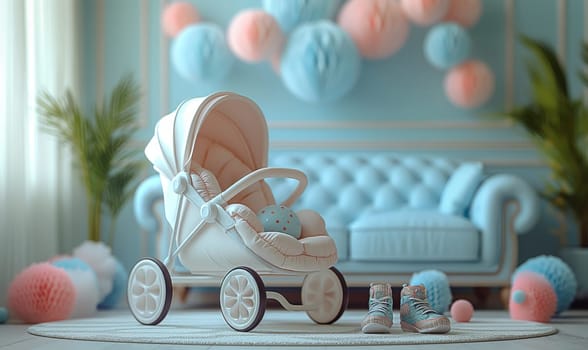 Baby stroller in the home interior. Selective soft focus.