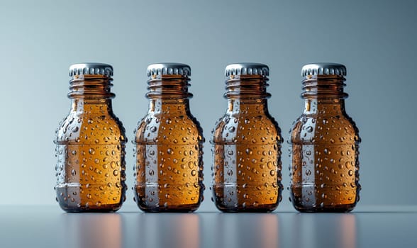 Empty transparent bottles with caps on a blue background. Selective soft focus.