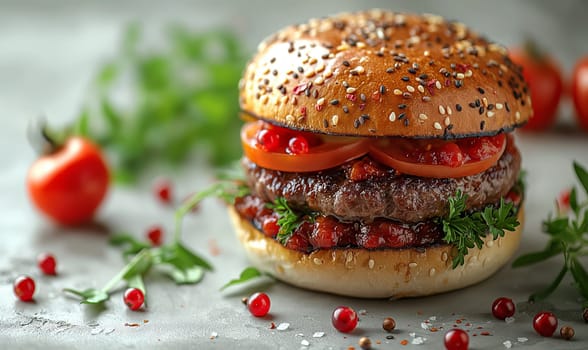 Juicy and tasty burger on a white background. Selective soft focus