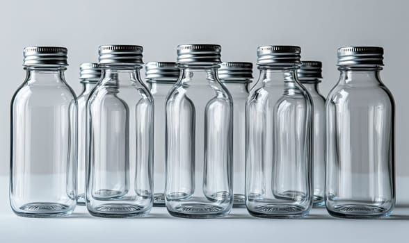 Empty transparent bottles with caps on a light background. Selective soft focus.