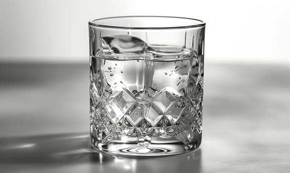 Transparent glass with clear drink and ice cubes. Selective soft focus.