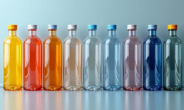 Empty transparent colored bottles on a light background. Selective soft focus.