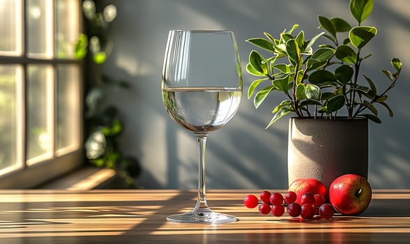 Transparent glass with a transparent drink on the table. Selective soft focus.