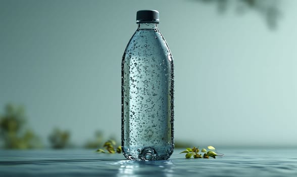 Transparent bottle with a cap on a light background. Selective soft focus.